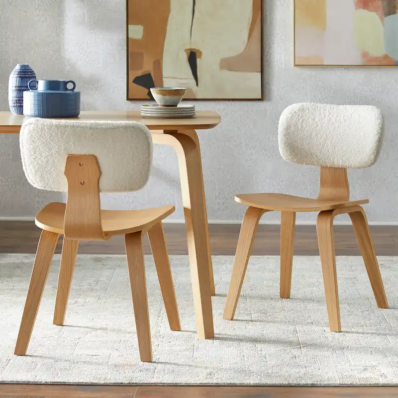 Chaise de salle à manger en bois courbé blanc bouclé chêne clair, style Mid-Century Modern