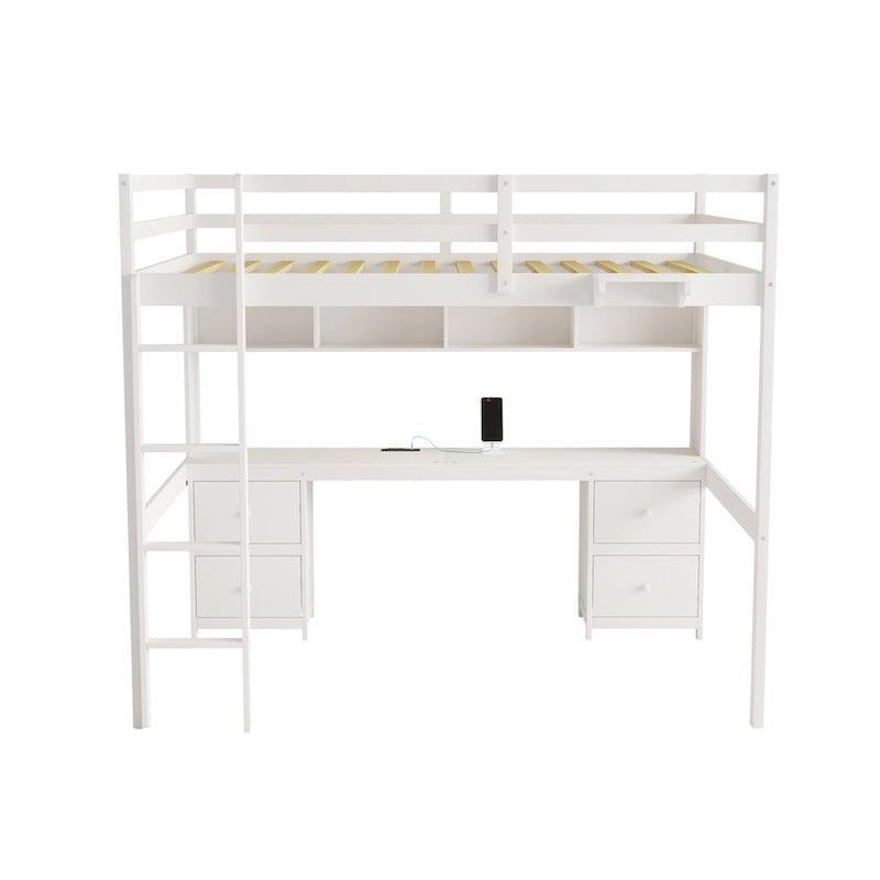 Lit mezzanine pleine grandeur avec bureau, tiroirs et armoires de rangement, gris/blanc