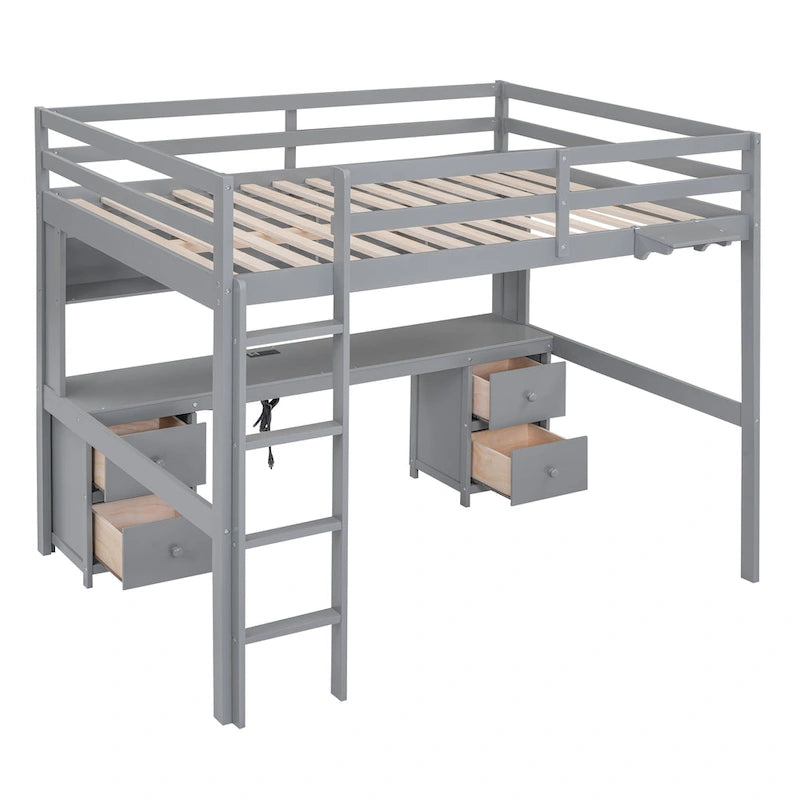 Lit mezzanine pleine grandeur avec bureau, tiroirs et armoires de rangement, gris/blanc