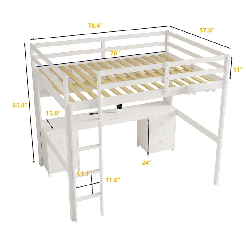 Lit mezzanine pleine grandeur avec bureau, tiroirs et armoires de rangement, gris/blanc