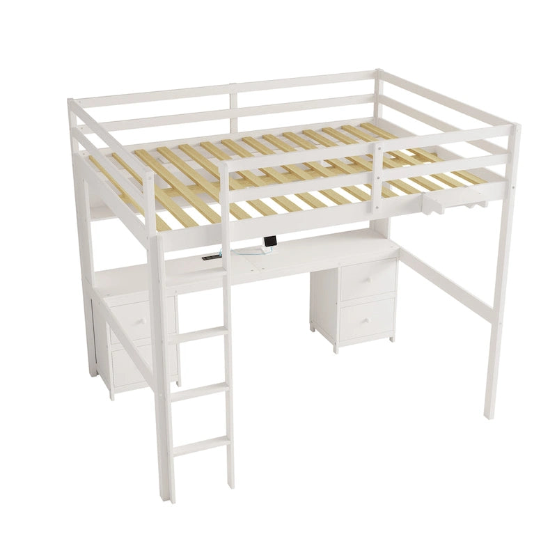 Lit mezzanine pleine grandeur avec bureau, tiroirs et armoires de rangement, gris/blanc