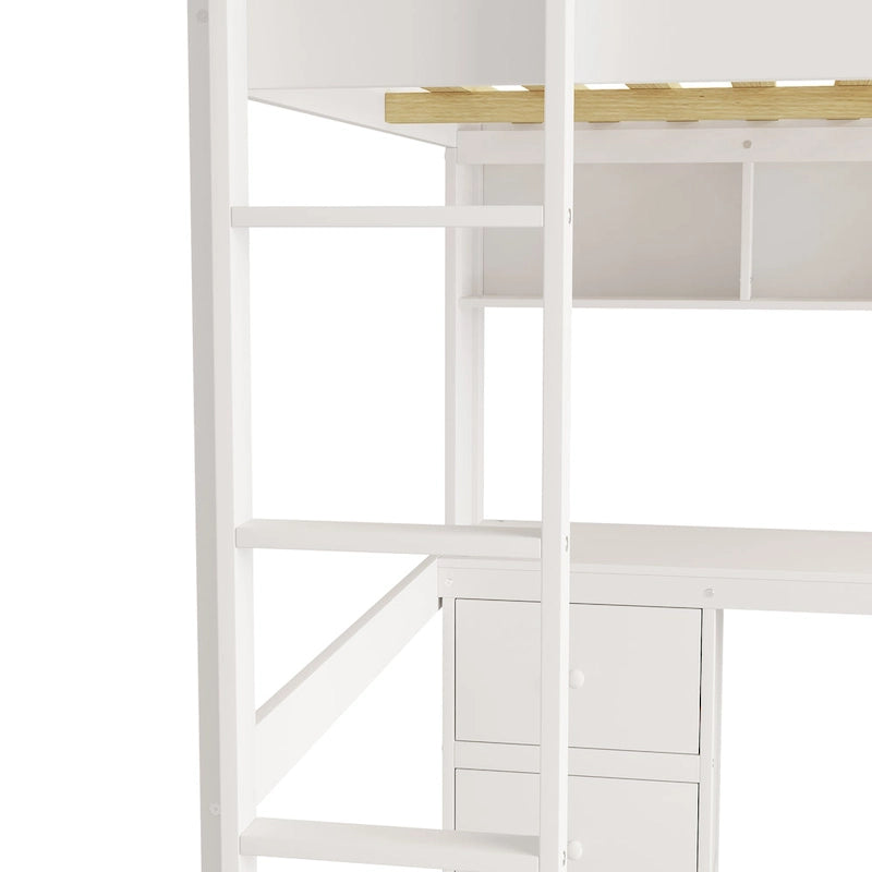 Lit mezzanine pleine grandeur avec bureau, tiroirs et armoires de rangement, gris/blanc