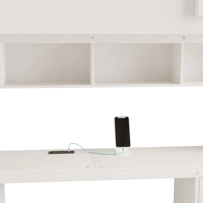 Lit mezzanine pleine grandeur avec bureau, tiroirs et armoires de rangement, gris/blanc