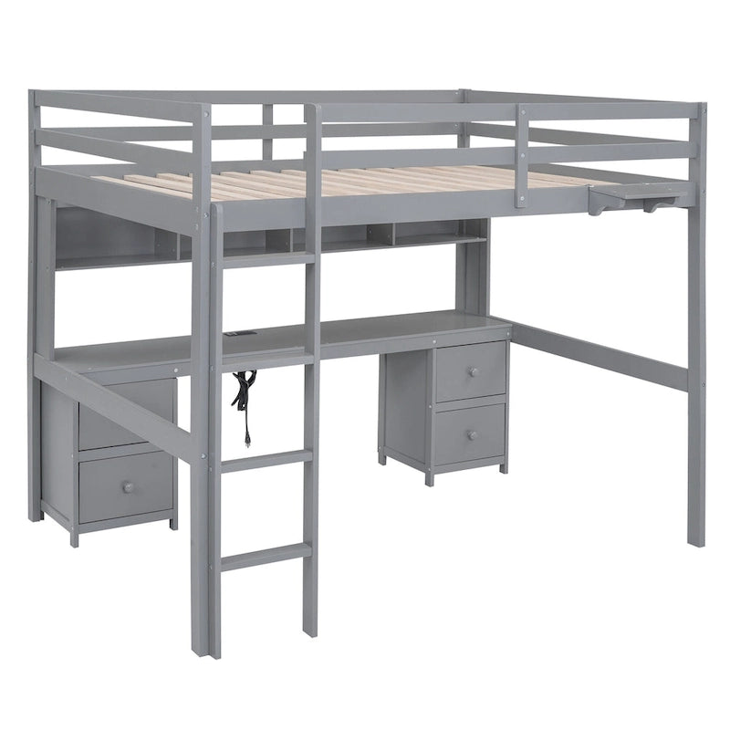 Lit mezzanine pleine grandeur avec bureau, tiroirs et armoires de rangement, gris/blanc