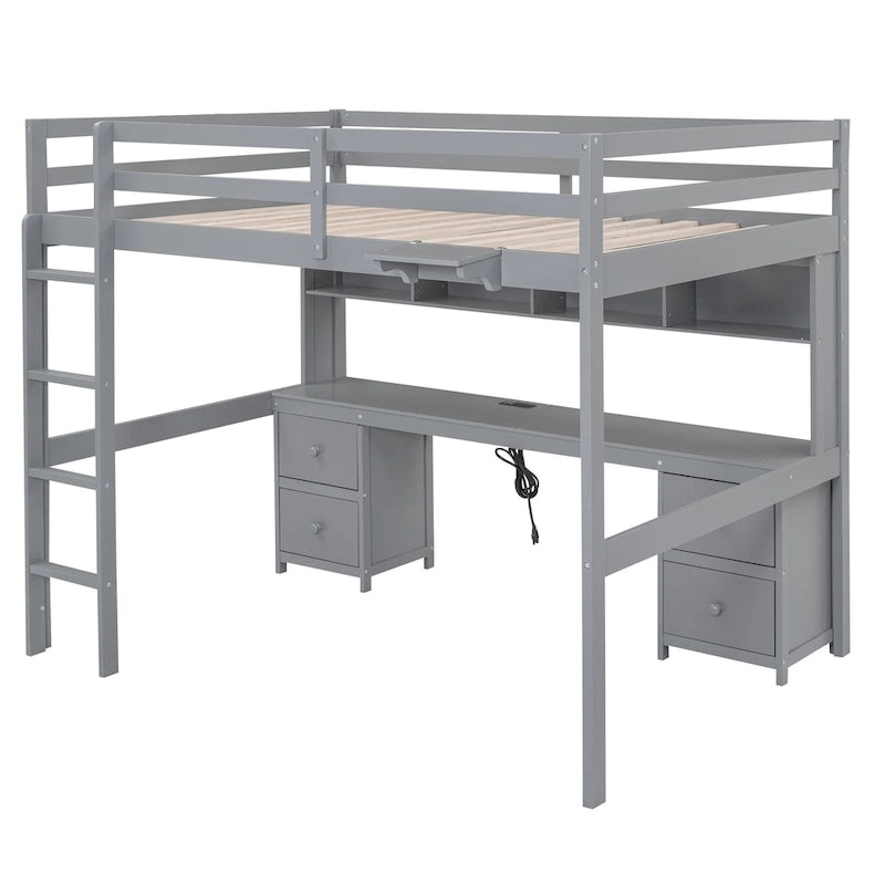 Lit mezzanine pleine grandeur avec bureau, tiroirs et armoires de rangement, gris/blanc