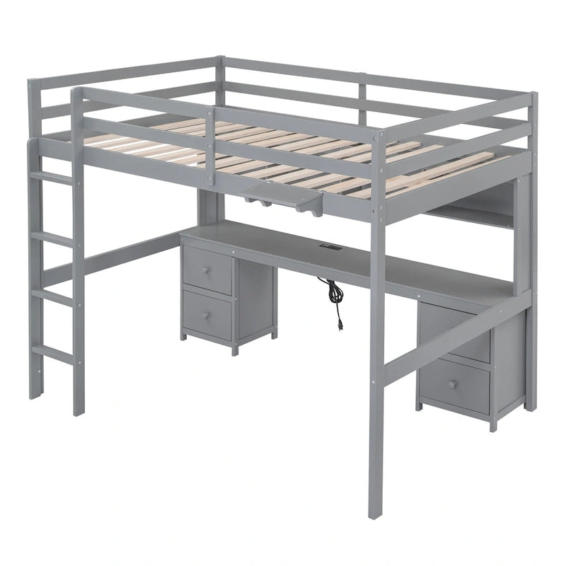 Lit mezzanine pleine grandeur avec bureau, tiroirs et armoires de rangement, gris/blanc