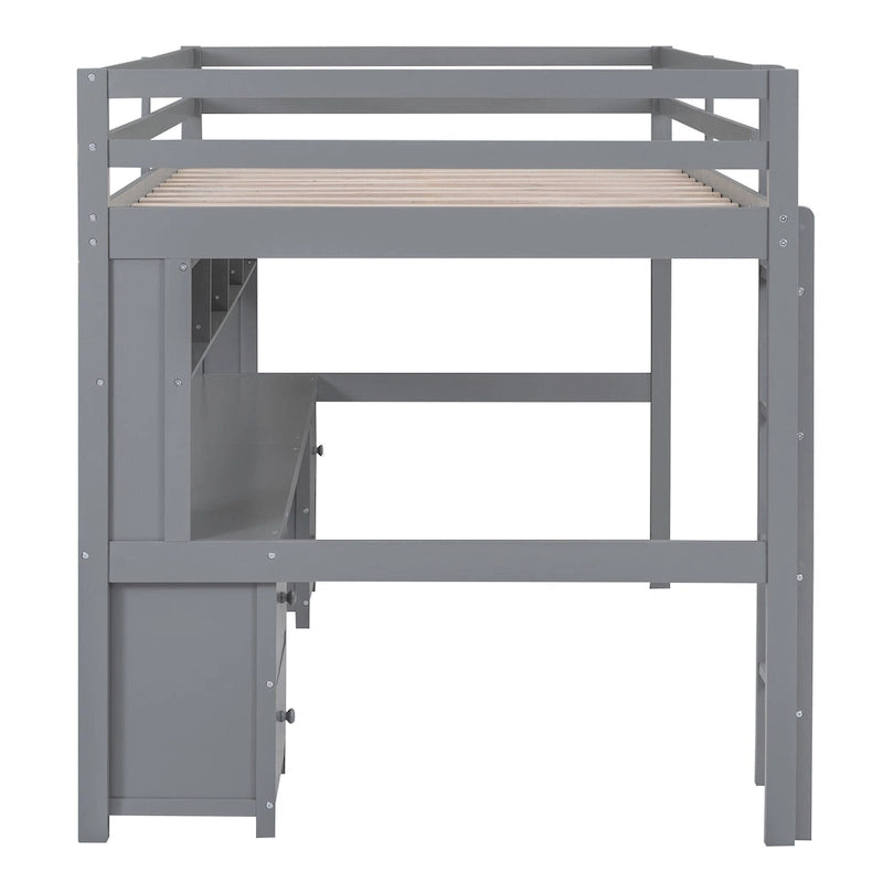 Lit mezzanine pleine grandeur avec bureau, tiroirs et armoires de rangement, gris/blanc