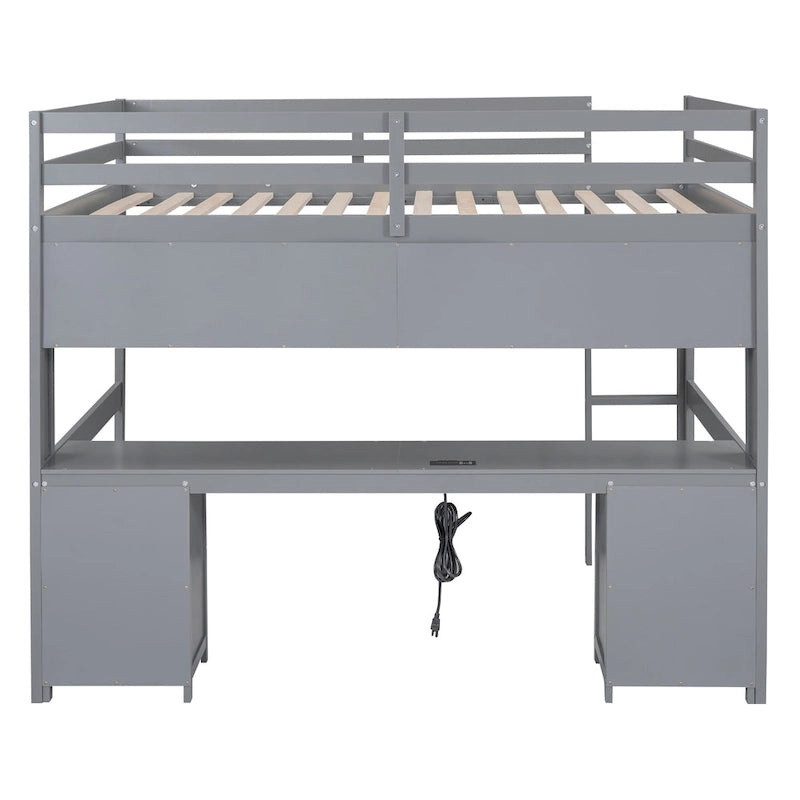 Lit mezzanine pleine grandeur avec bureau, tiroirs et armoires de rangement, gris/blanc