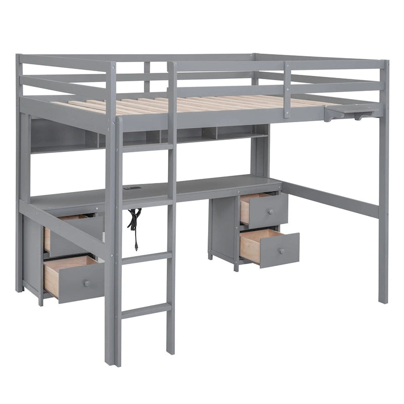 Lit mezzanine pleine grandeur avec bureau, tiroirs et armoires de rangement, gris/blanc