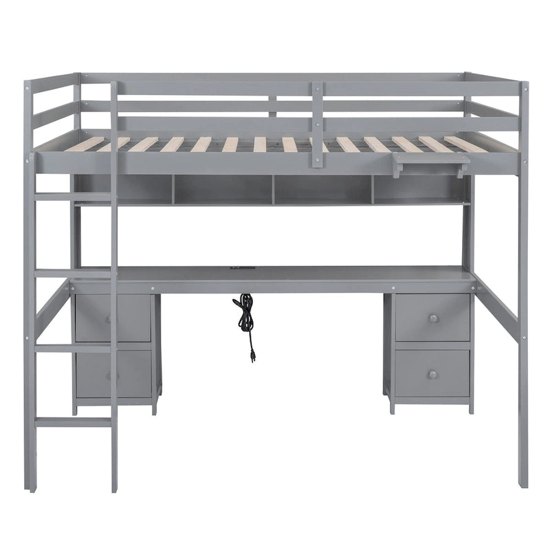 Lit mezzanine pleine grandeur avec bureau, tiroirs et armoires de rangement, gris/blanc
