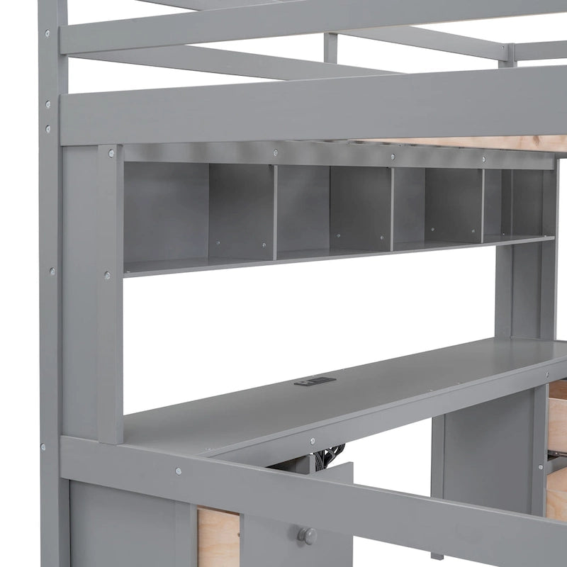 Lit mezzanine pleine grandeur avec bureau, tiroirs et armoires de rangement, gris/blanc