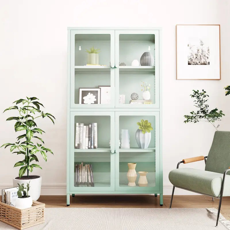 Vitrine de rangement en verre trempé et acier avec étagères réglables
