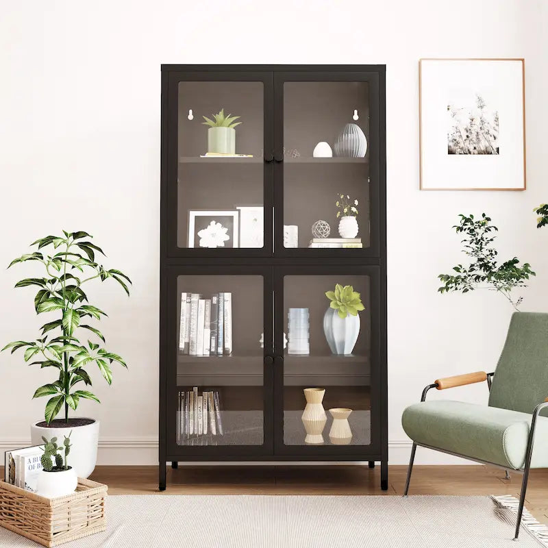 Vitrine de rangement en verre trempé et acier avec étagères réglables