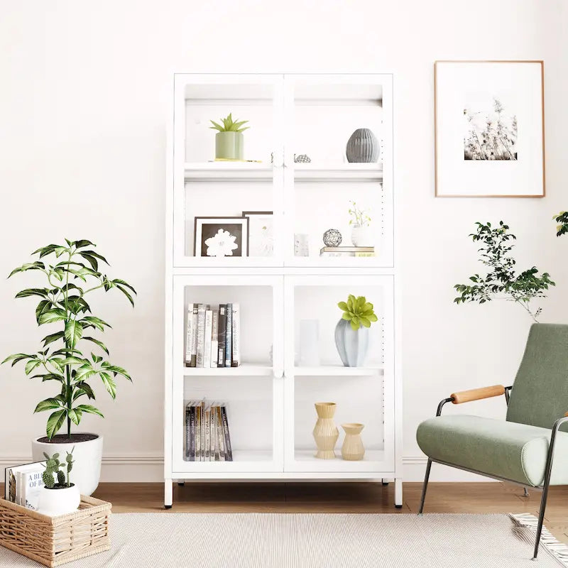 Vitrine de rangement en verre trempé et acier avec étagères réglables