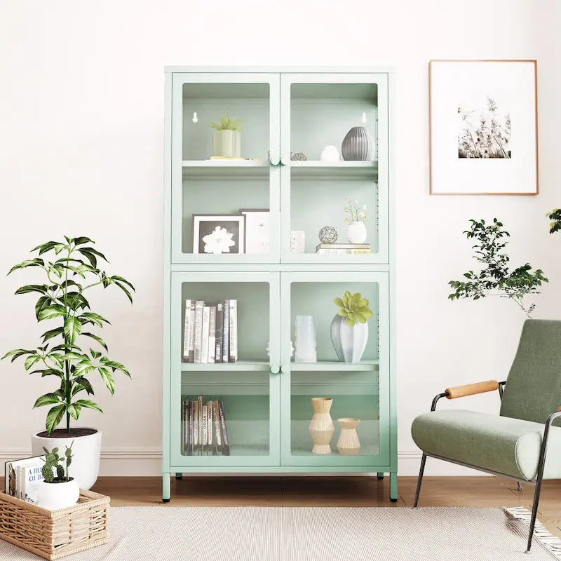 Vitrine de rangement en verre trempé et acier avec étagères réglables
