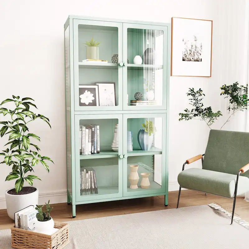 Vitrine de rangement en verre trempé et acier avec étagères réglables