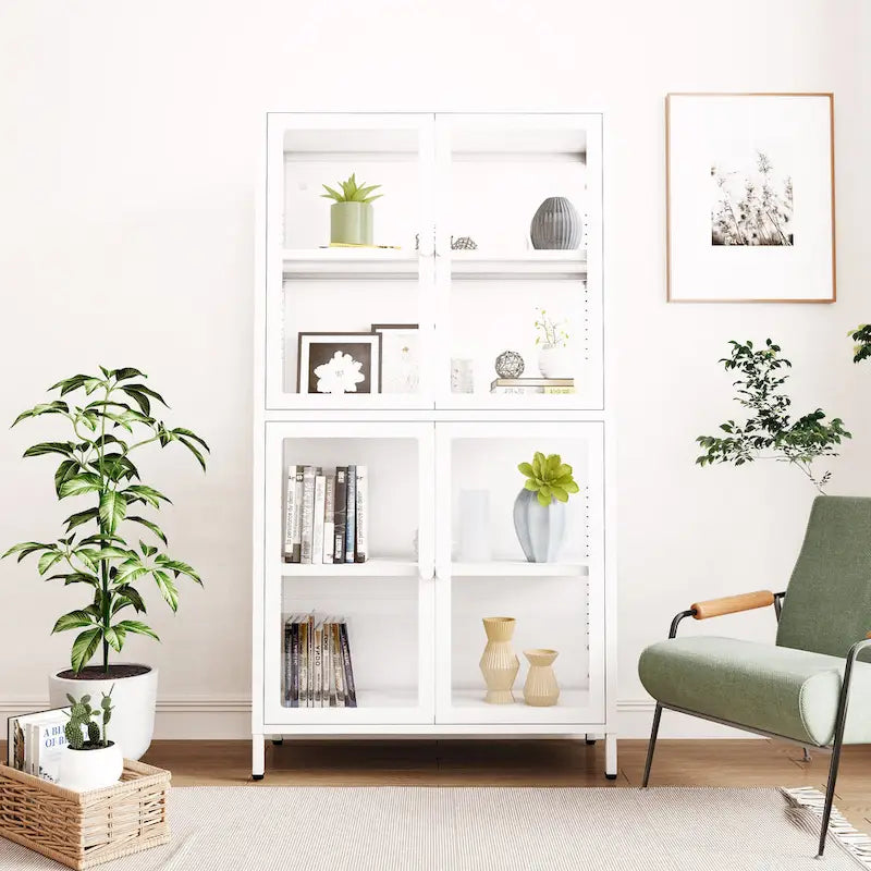 Vitrine de rangement en verre trempé et acier avec étagères réglables