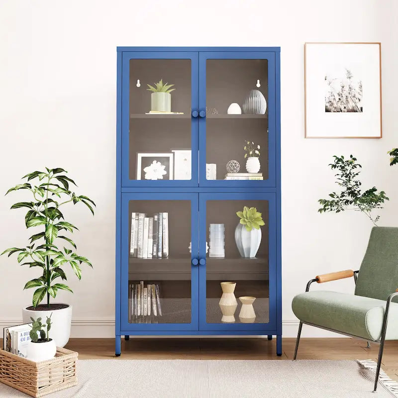 Vitrine de rangement en verre trempé et acier avec étagères réglables