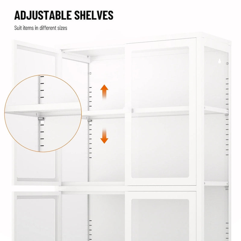 Vitrine de rangement en verre trempé et acier avec étagères réglables