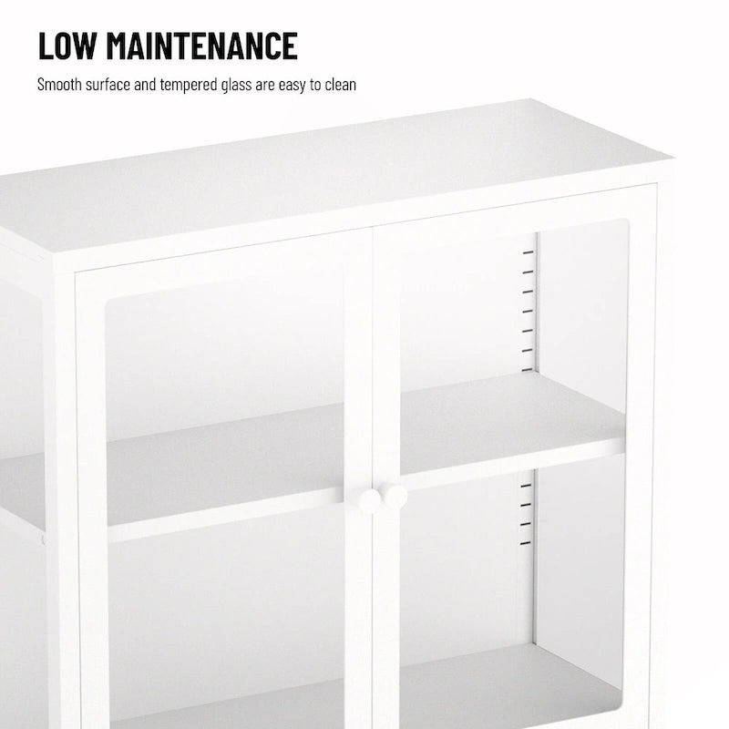 Vitrine de rangement en verre trempé et acier avec étagères réglables