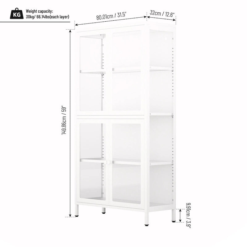 Vitrine de rangement en verre trempé et acier avec étagères réglables