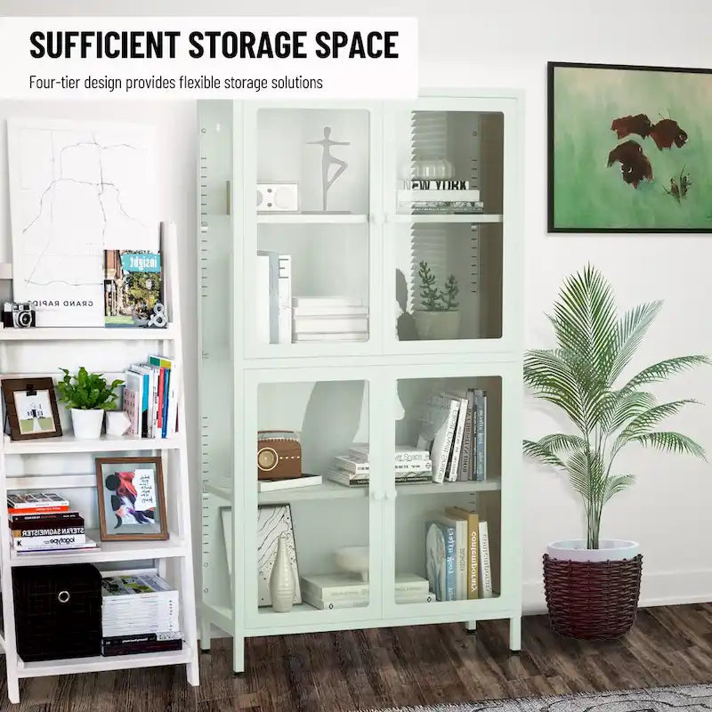 Vitrine de rangement en verre trempé et acier avec étagères réglables