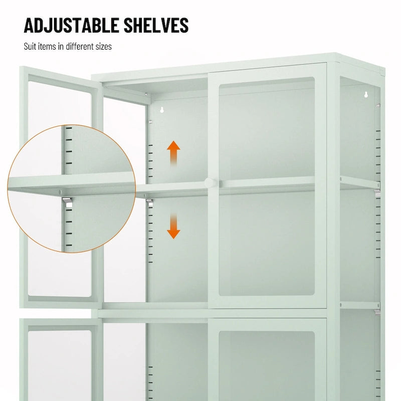 Vitrine de rangement en verre trempé et acier avec étagères réglables