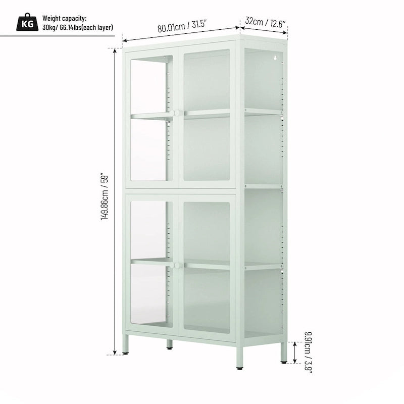 Vitrine de rangement en verre trempé et acier avec étagères réglables