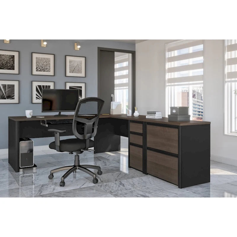 Bureau d'angle réversible en L avec classeur latéral Bordeaux Ardoise