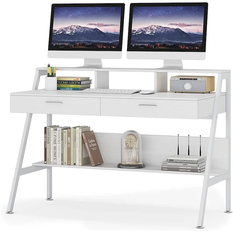 Bureau d'écriture moderne pour bureau à domicile avec tiroirs, rehausseur d'écran et étagère de rangement