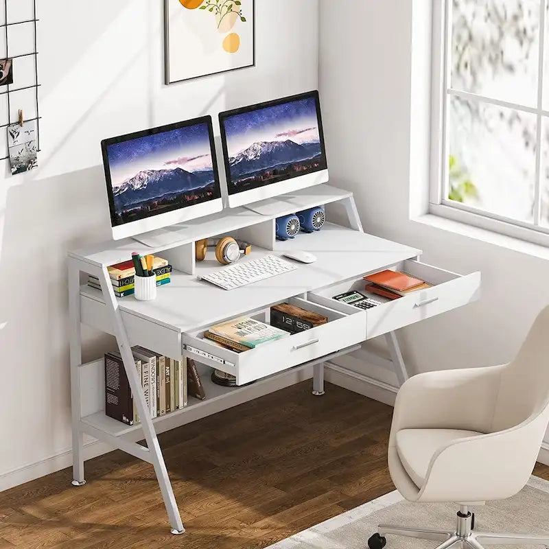 Bureau d'écriture moderne pour bureau à domicile avec tiroirs, rehausseur d'écran et étagère de rangement