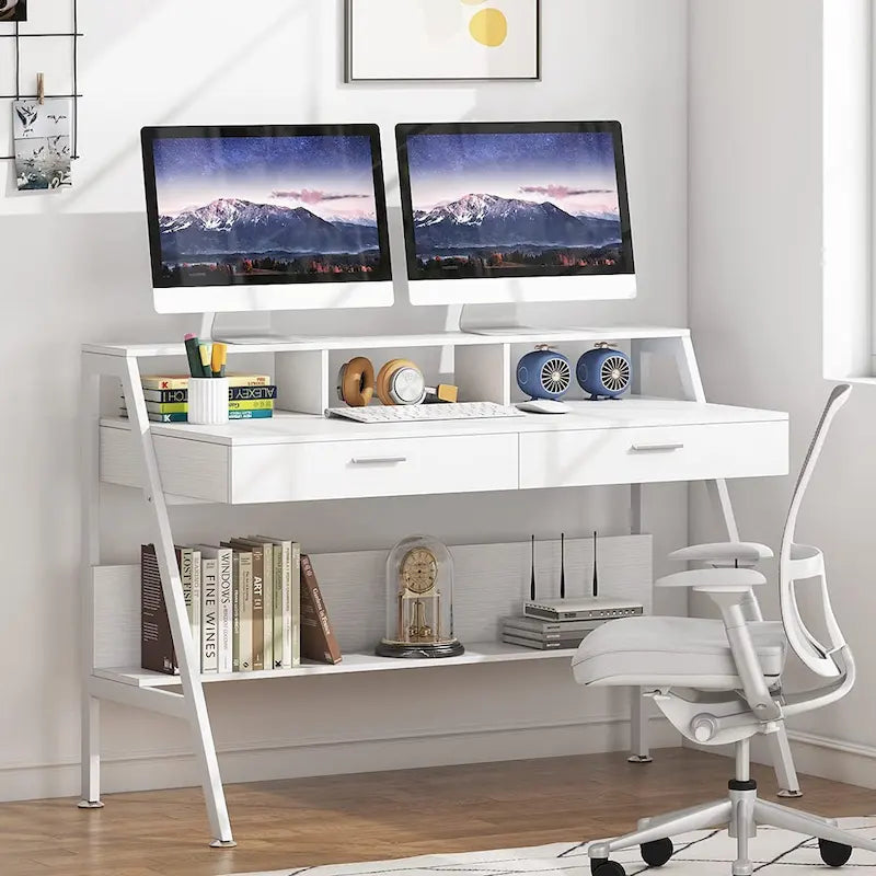 Bureau d'écriture moderne pour bureau à domicile avec tiroirs, rehausseur d'écran et étagère de rangement