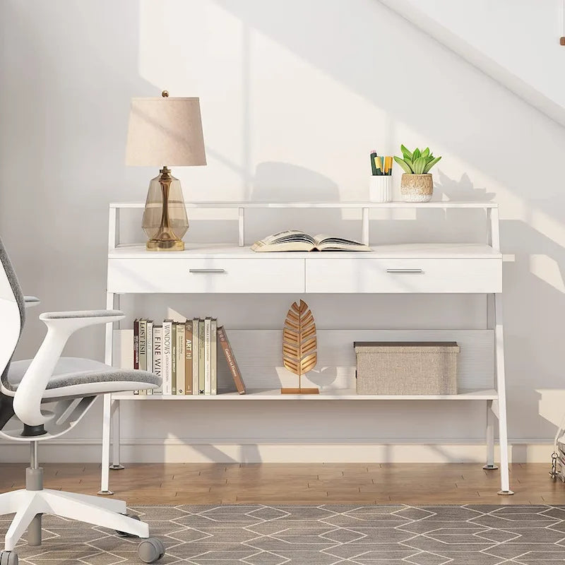 Bureau d'écriture moderne pour bureau à domicile avec tiroirs, rehausseur d'écran et étagère de rangement