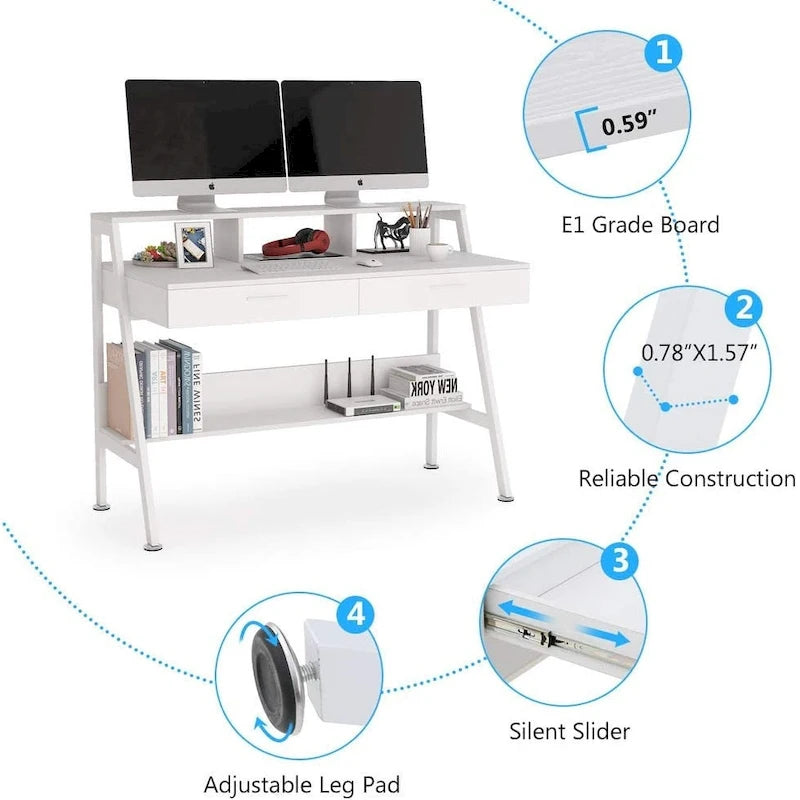 Bureau d'écriture moderne pour bureau à domicile avec tiroirs, rehausseur d'écran et étagère de rangement