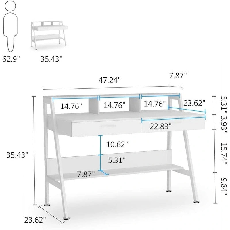 Bureau d'écriture moderne pour bureau à domicile avec tiroirs, rehausseur d'écran et étagère de rangement