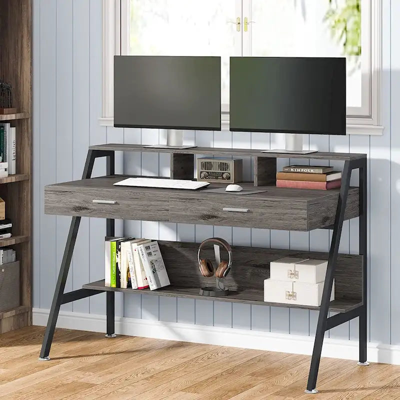 Bureau d'écriture moderne pour bureau à domicile avec tiroirs, rehausseur d'écran et étagère de rangement
