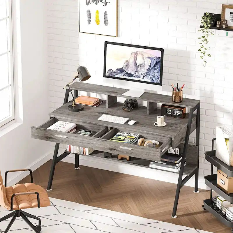 Bureau d'écriture moderne pour bureau à domicile avec tiroirs, rehausseur d'écran et étagère de rangement