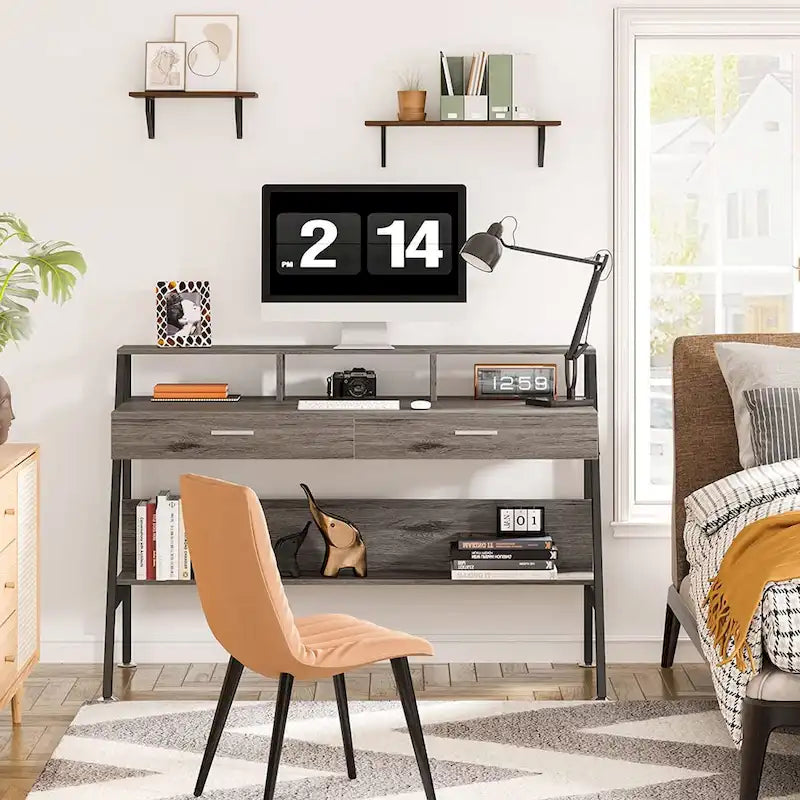 Bureau d'écriture moderne pour bureau à domicile avec tiroirs, rehausseur d'écran et étagère de rangement
