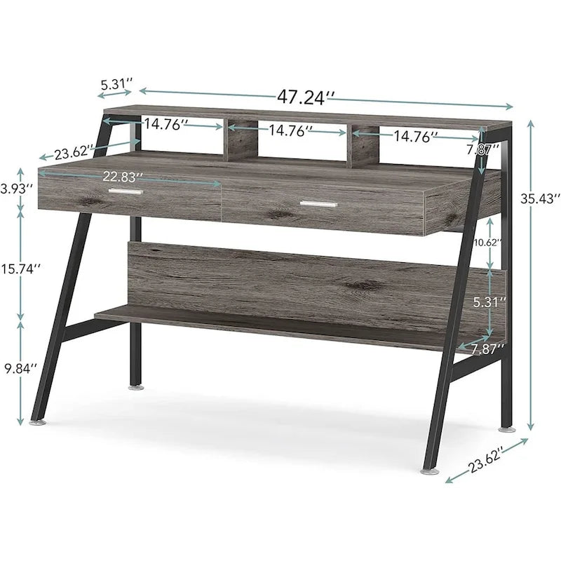 Bureau d'écriture moderne pour bureau à domicile avec tiroirs, rehausseur d'écran et étagère de rangement