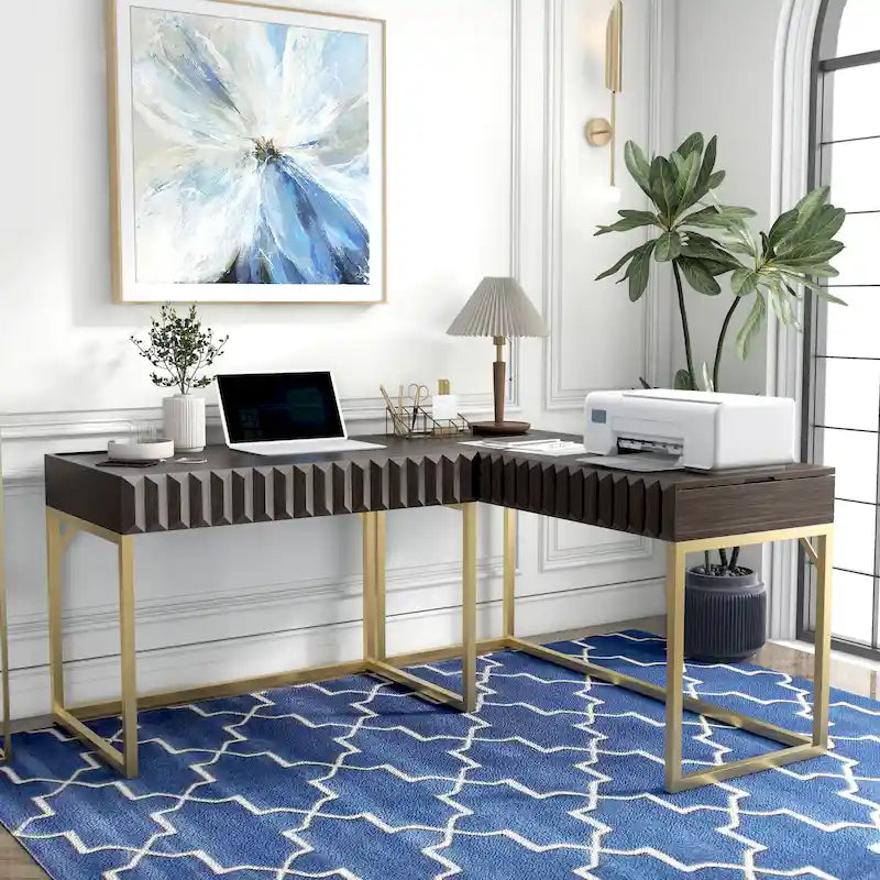 Bureau d'angle Art Déco avec plateau relevable, tiroir et cadre en métal doré
