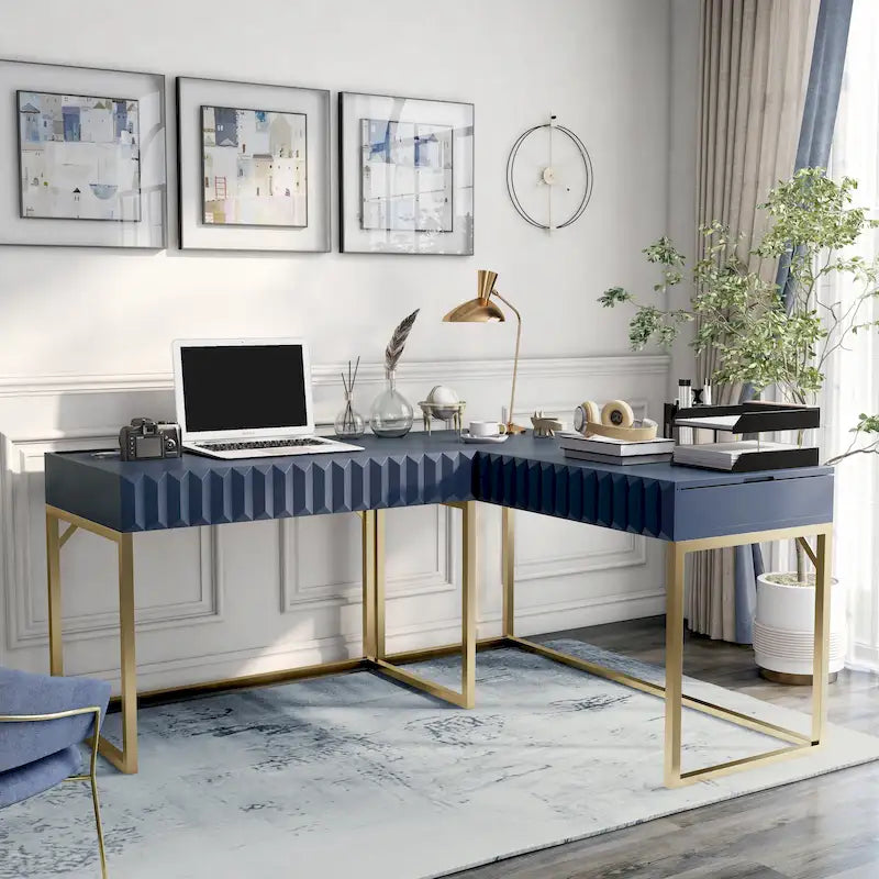 Bureau d'angle Art Déco avec plateau relevable, tiroir et cadre en métal doré