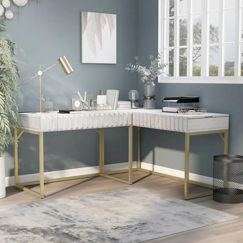 Bureau d'angle Art Déco avec plateau relevable, tiroir et cadre en métal doré