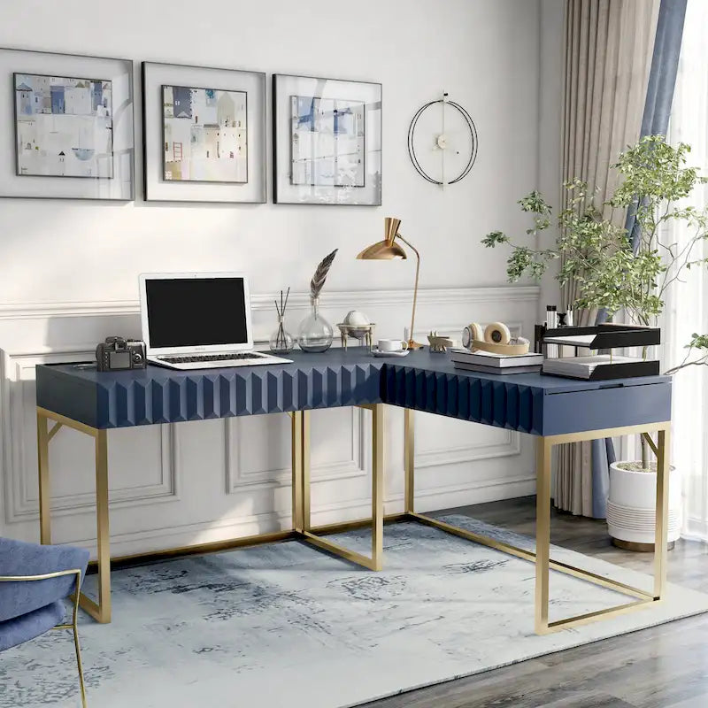 Bureau d'angle Art Déco avec plateau relevable, tiroir et cadre en métal doré