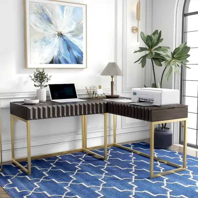 Bureau d'angle Art Déco avec plateau relevable, tiroir et cadre en métal doré
