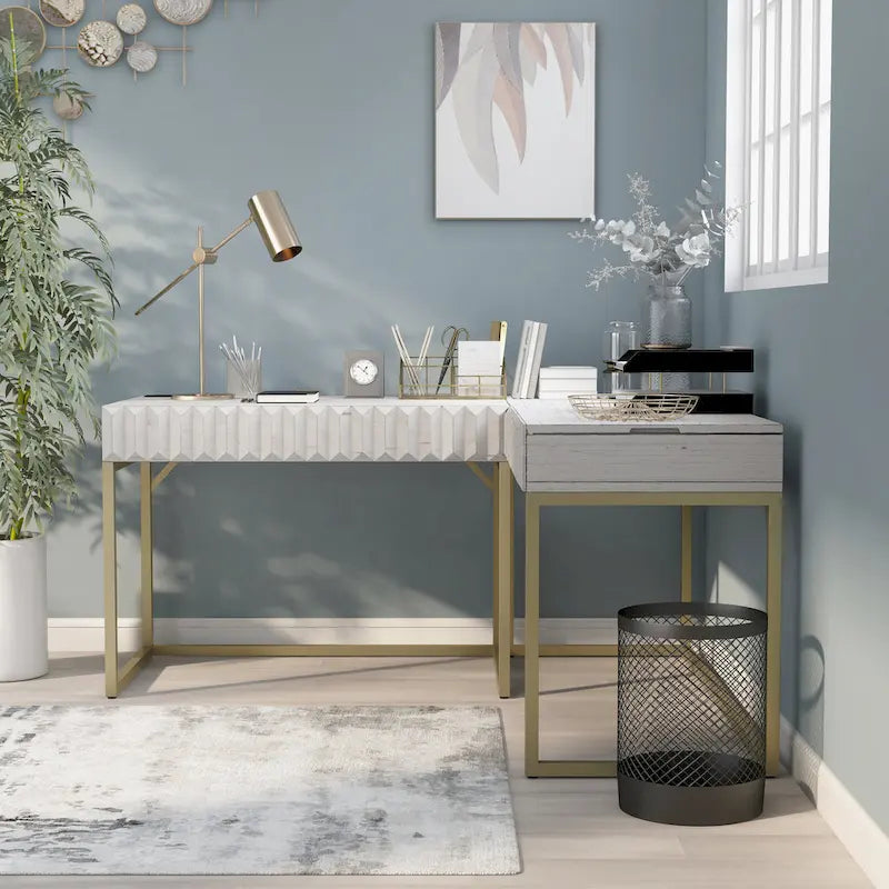 Bureau d'angle Art Déco avec plateau relevable, tiroir et cadre en métal doré