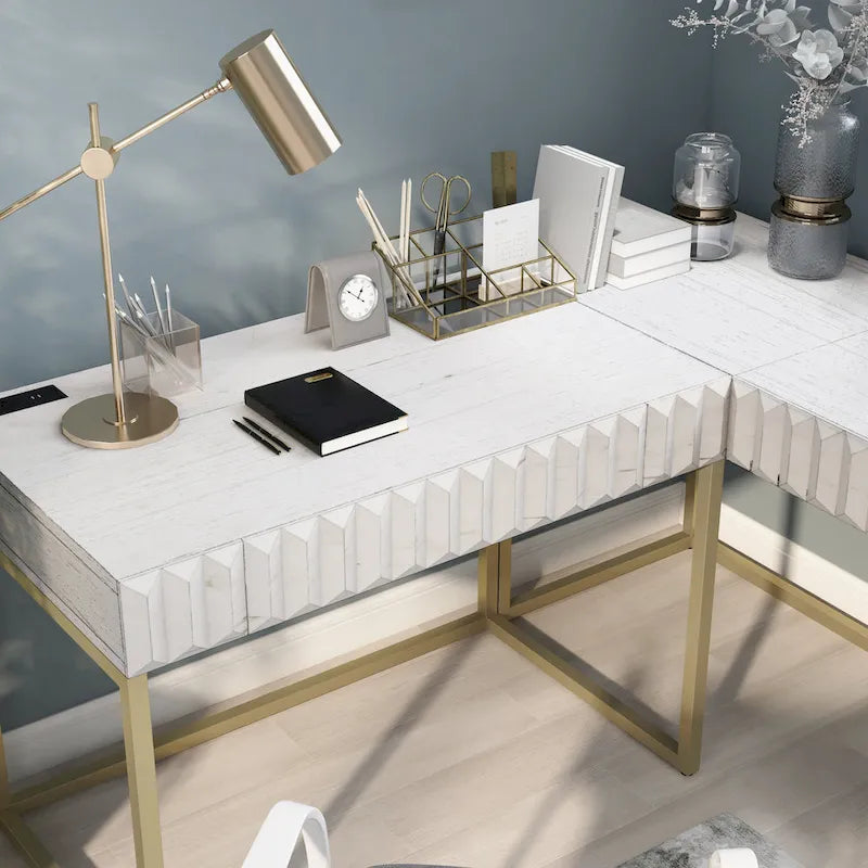 Bureau d'angle Art Déco avec plateau relevable, tiroir et cadre en métal doré