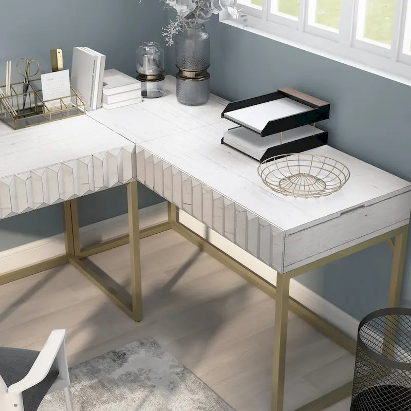 Bureau d'angle Art Déco avec plateau relevable, tiroir et cadre en métal doré