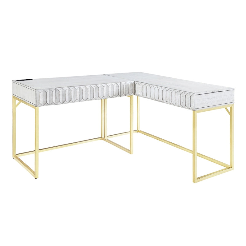 Bureau d'angle Art Déco avec plateau relevable, tiroir et cadre en métal doré