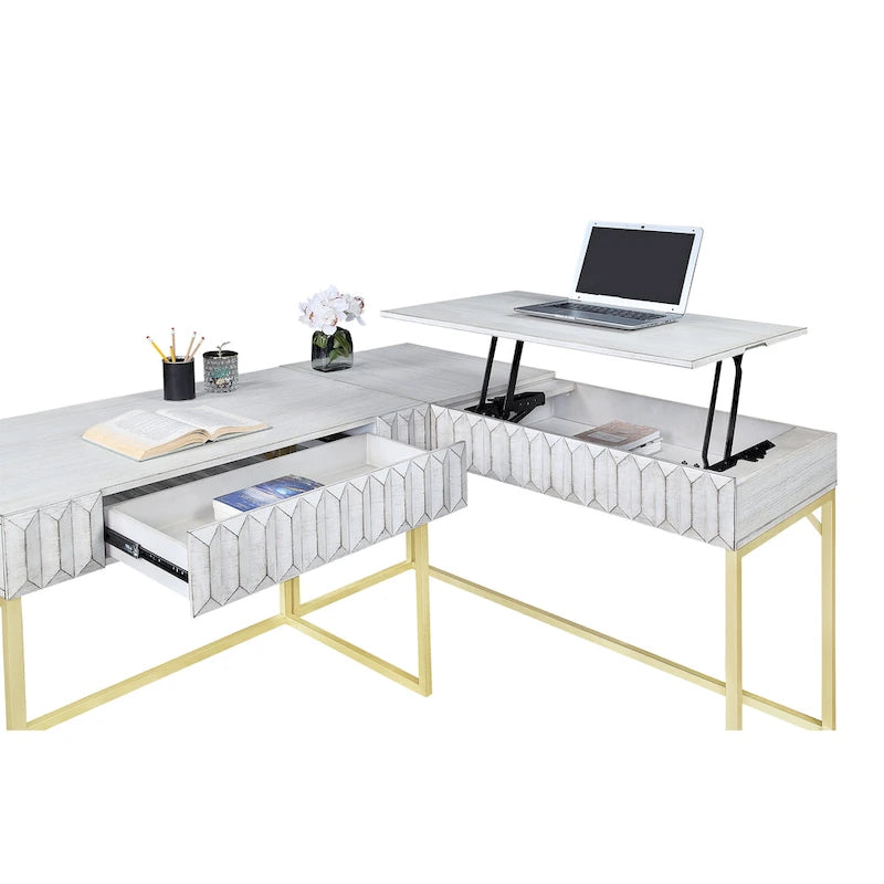 Bureau d'angle Art Déco avec plateau relevable, tiroir et cadre en métal doré