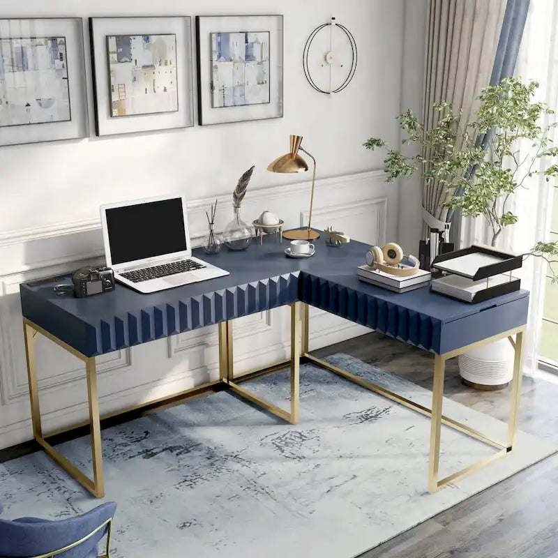 Bureau d'angle Art Déco avec plateau relevable, tiroir et cadre en métal doré